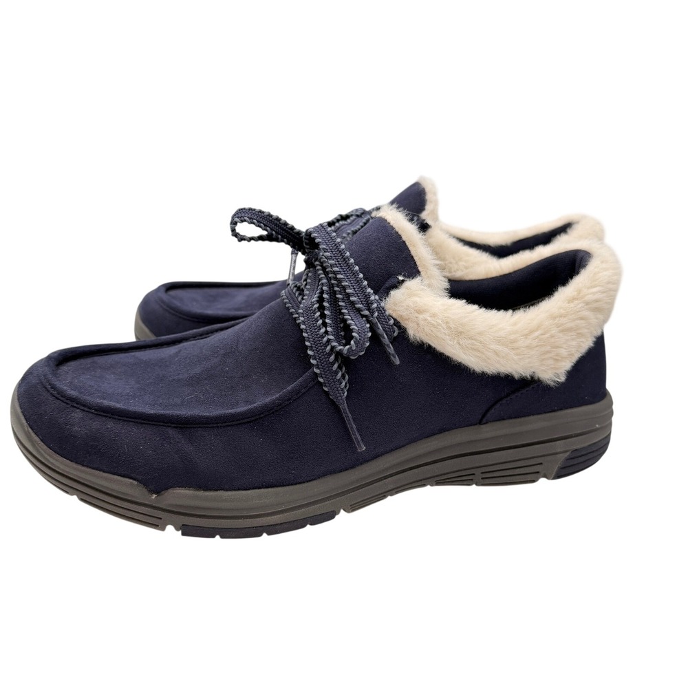 Ryka Womens Avid Moccasin Loafers 9W Navy Blue Faux Fur Trim Cozy Walking Shoes